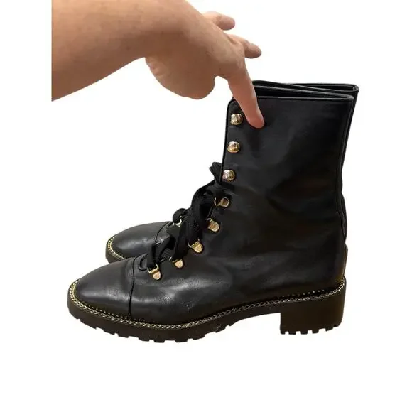 Stuart Weitzman Kolbie Black Leather Chain Combat Boot 39 Black